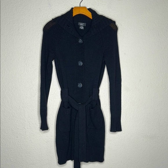 Lord & Taylor Cashmere Wool Cardigan Trench Sweater Black XS Quiet Luxury Preppy - Picture 2 of 8